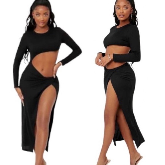 SHEIN Dress Cut Out Black high Split Thigh Wrap body contour long sleeve size XS - Picture 1 of 13